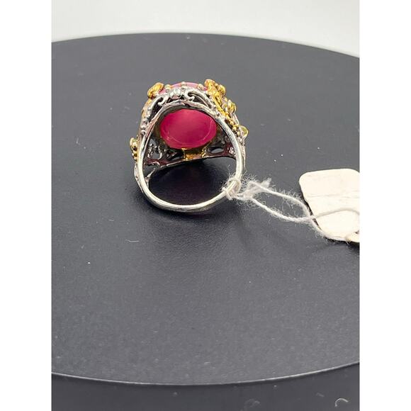 Sterling Silver Vermeil Large Ruby Cabochon Peridot Cocktail Ring Sz 8.25 - Picture 5 of 8